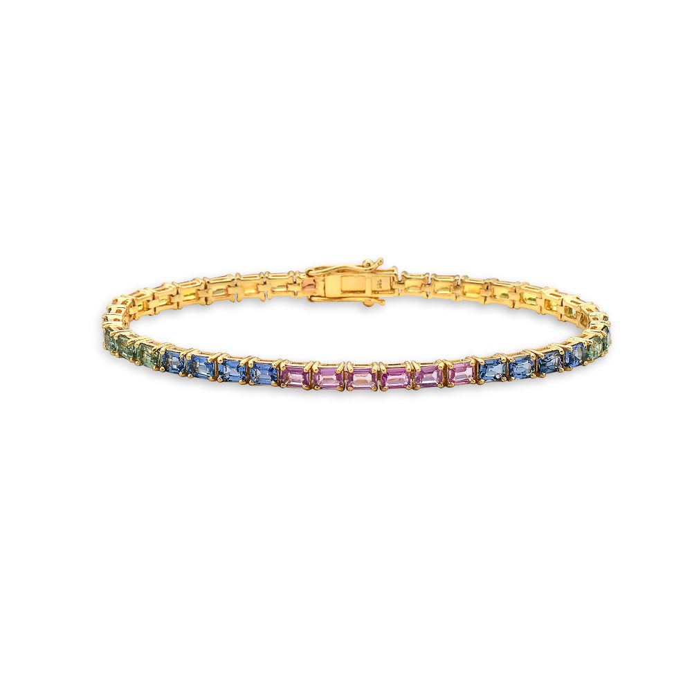 Emerald Cut Multicolor Rainbow Sapphire Tennis Bracelet ( 10.50 ct. ) 4-Prongs Setting in 14K Gold