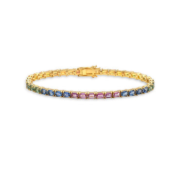 Emerald Cut Multicolor Rainbow Sapphire Tennis Bracelet ( 10.50 ct. ) 4-Prongs Setting in 14K Gold