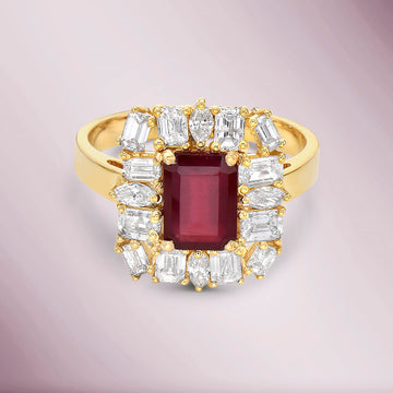 Emerald Cut Ruby & Multi Shape Diamond Cocktail Ring (2.90 ct.) in 14K Gold
