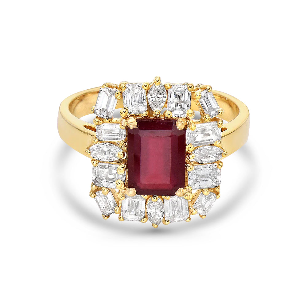 Emerald Cut Ruby & Multi Shape Diamond Cocktail Ring (2.90 ct.) in 14K Gold