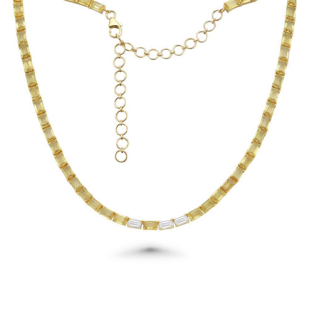 Emerald Cut Yellow Sapphire & Baguette Diamond Choker Necklace (20.23ct.) 4-Prongs Setting in 18K Gold