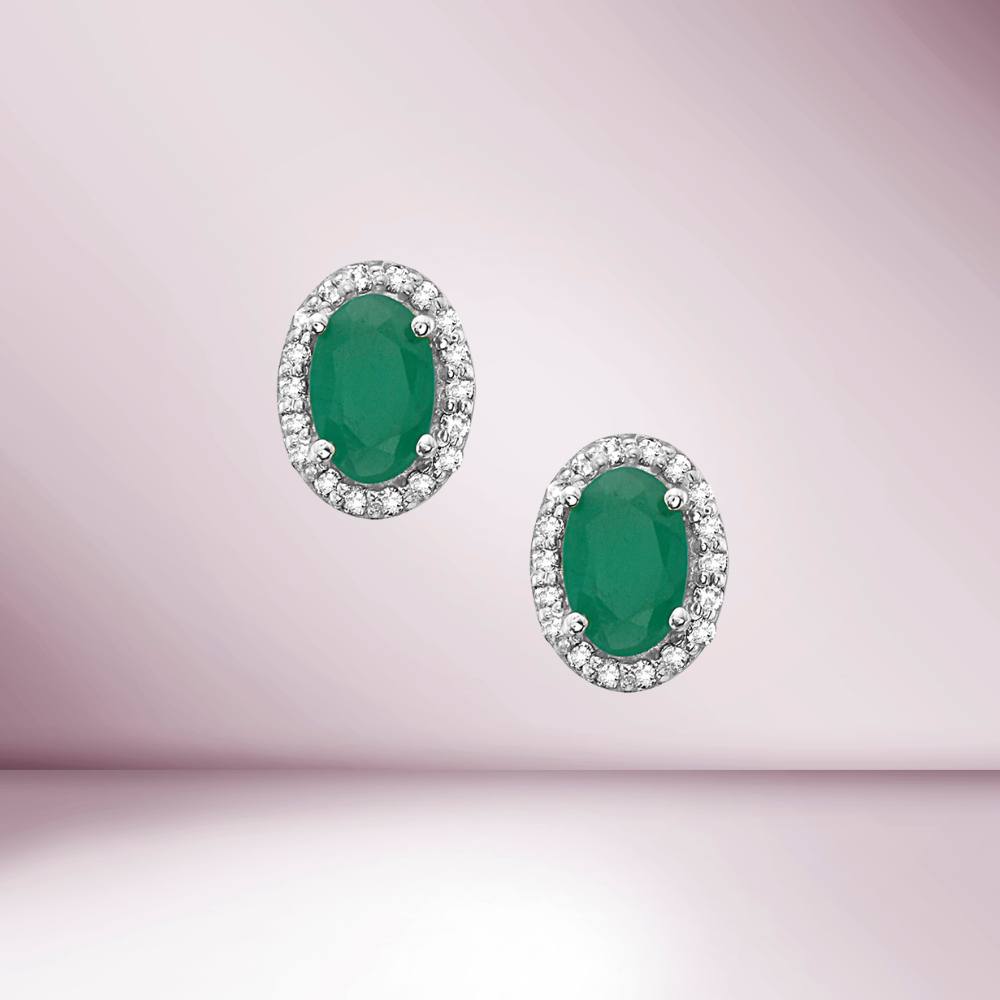 Emerald Oval Shape Halo Diamonds Studs Earrings (2.44 ct.) in 14K Gold