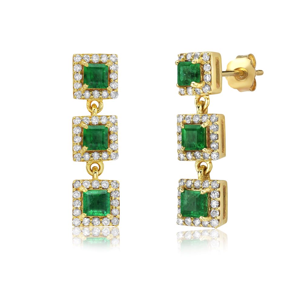 Emerald Princess Cut With Diamond Halo Drop Earrings (1.45 ct.) in 14K Gold