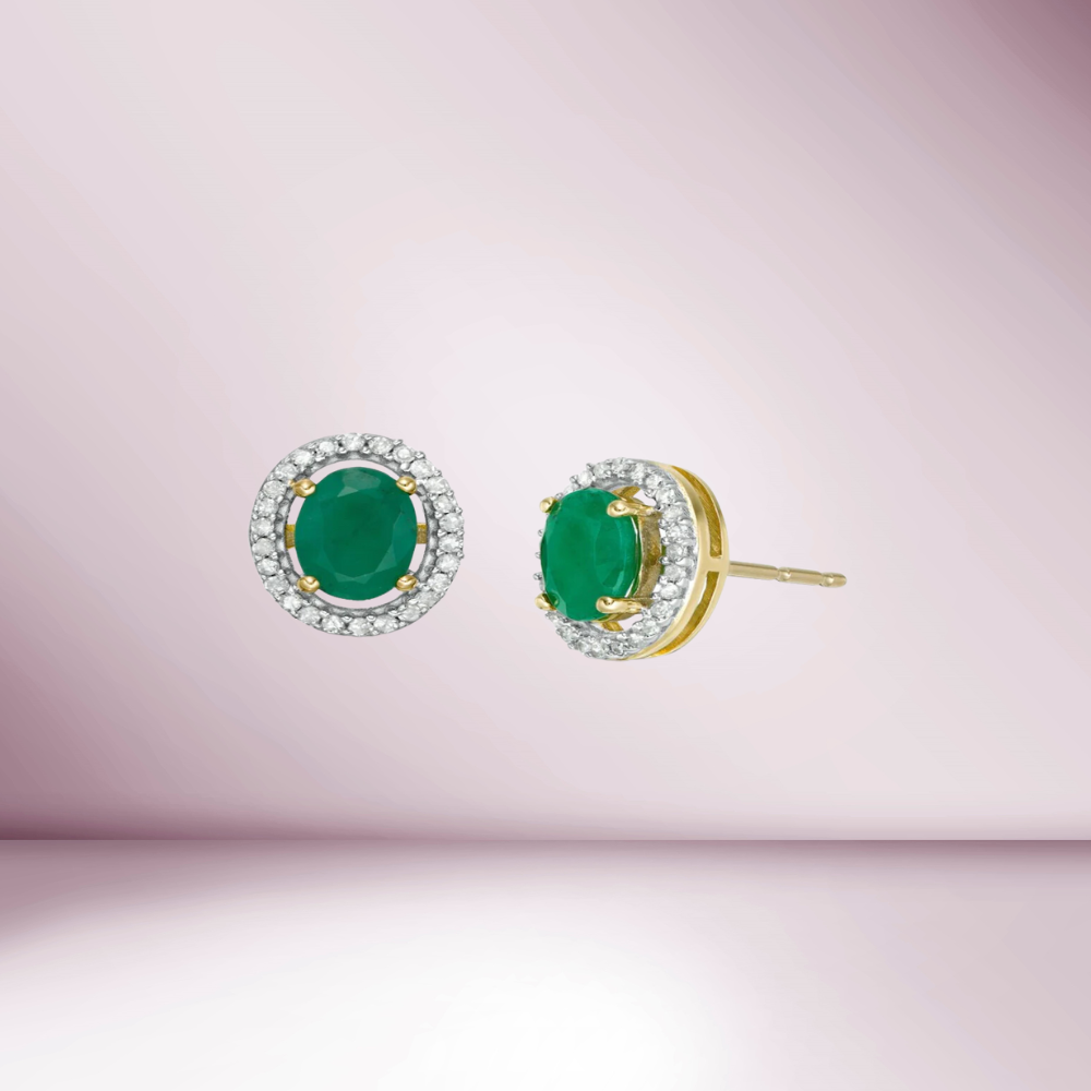 Emerald Round Shape Halo Diamonds Studs Earrings (0.67 ct.) in 14K Gold