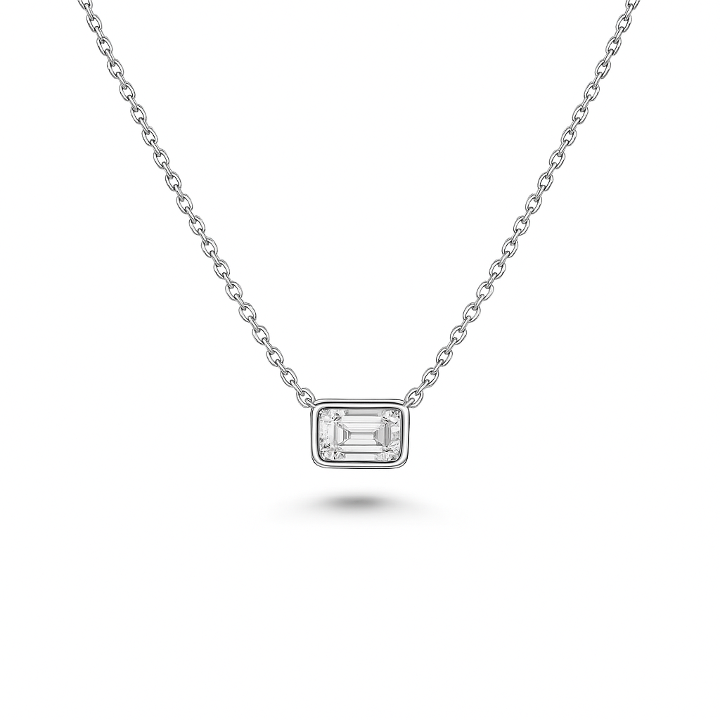Emerald Cut Diamond Solitaire Necklace (0.20 ct.) 6.50 mm Bezel Set in 14K Gold
