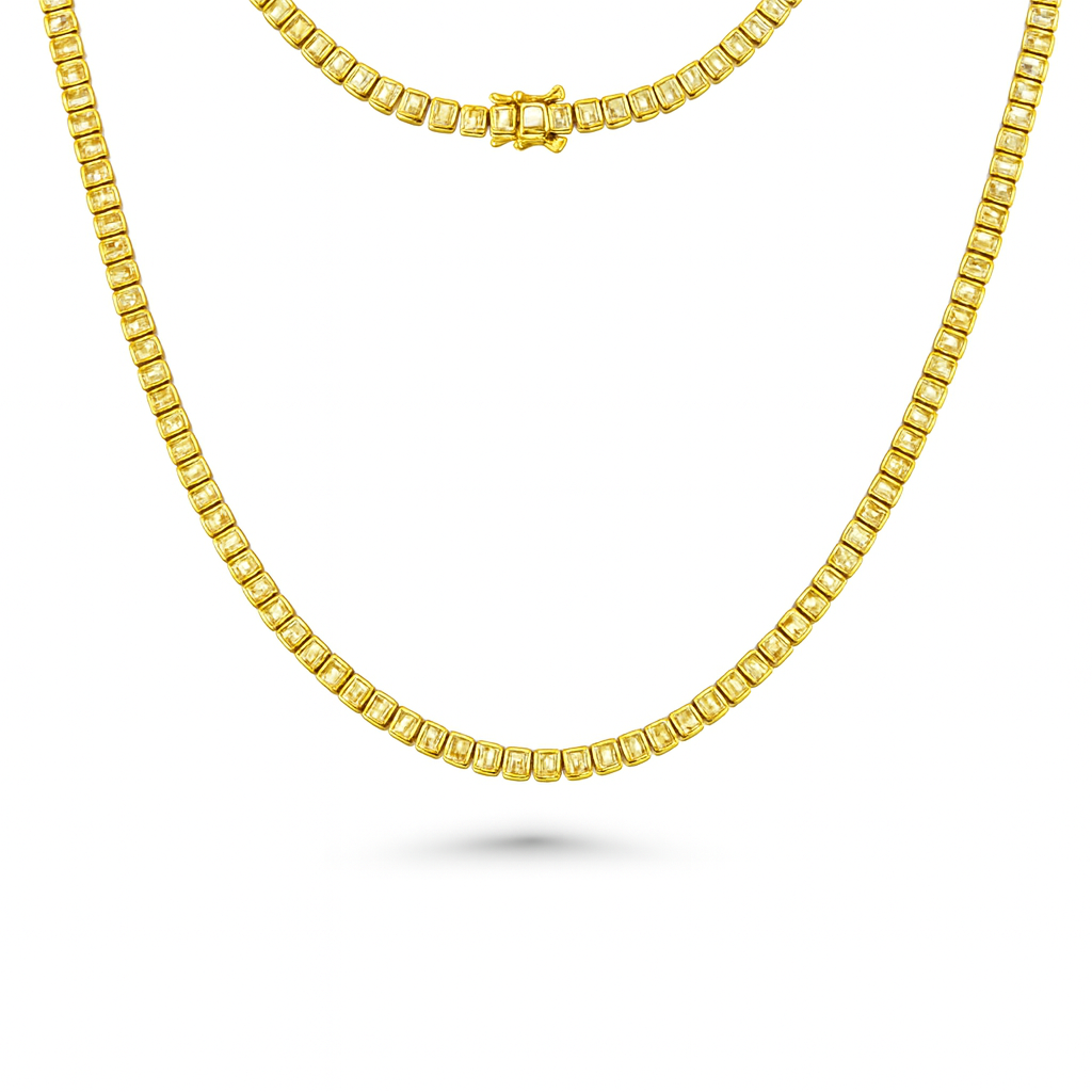 Emerald Cut Diamond Tennis Necklace (10.50 ct.) Bezel Set in 18K Gold