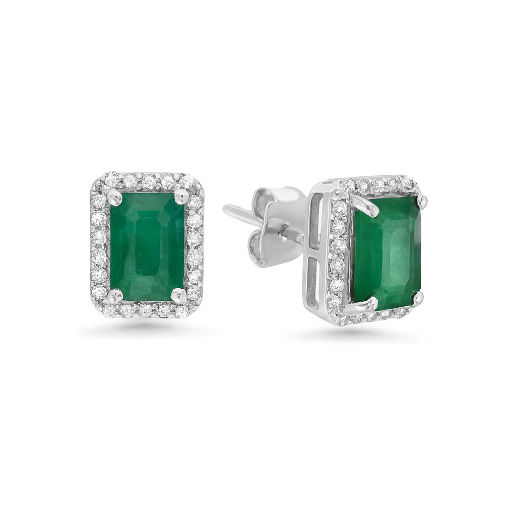 Emerald Cut Emerald With Diamond Halo Earrings (1.31 ct.) in 14K Gold