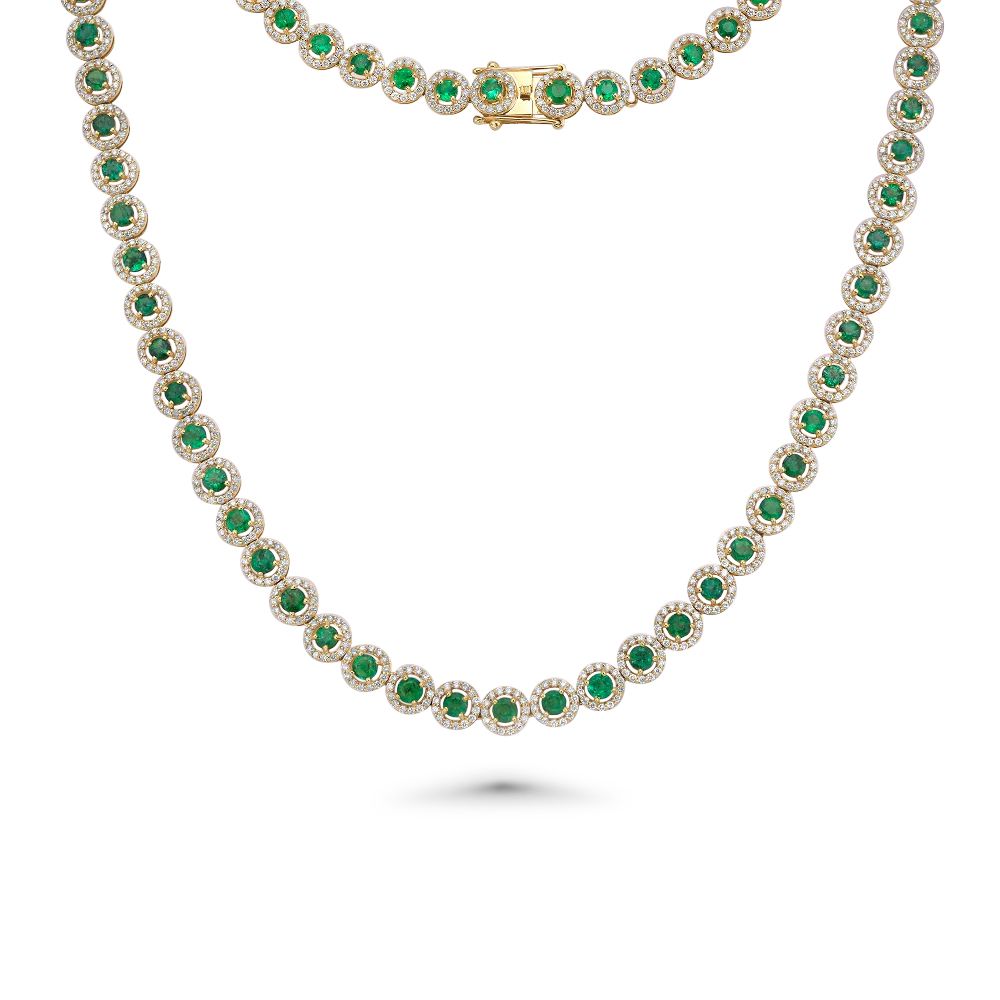 Emerald & Diamond Halo Tennis Necklace ( 16.30 ct.) in 14K Gold