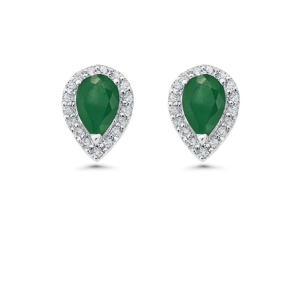 Emerald Pear Shape Halo Diamonds Studs Earrings (1.00 ct.) in 14K Gold