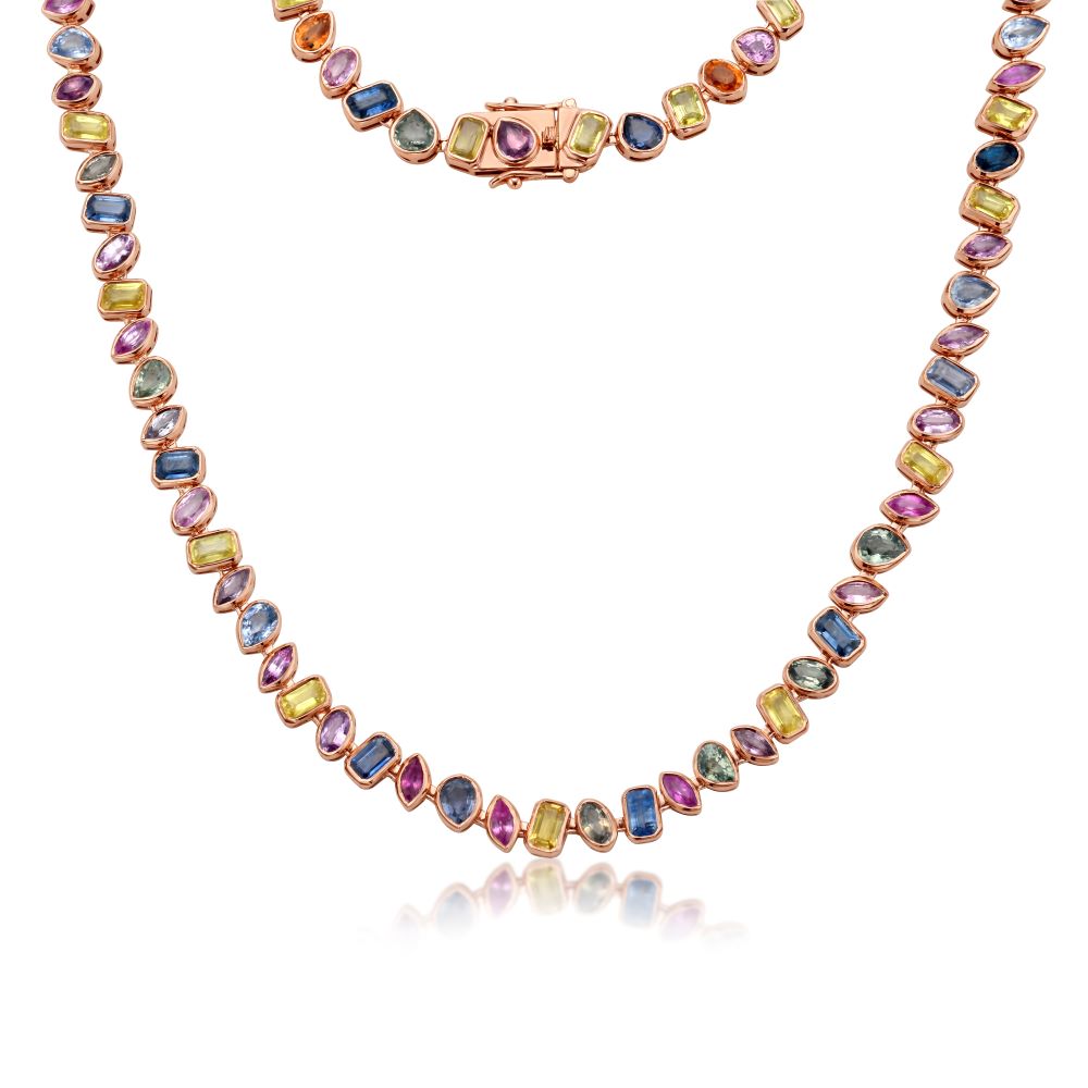 Fancy Multi Shape Sapphire Necklace (23.10 ct.) Bezel Set in 18K Gold