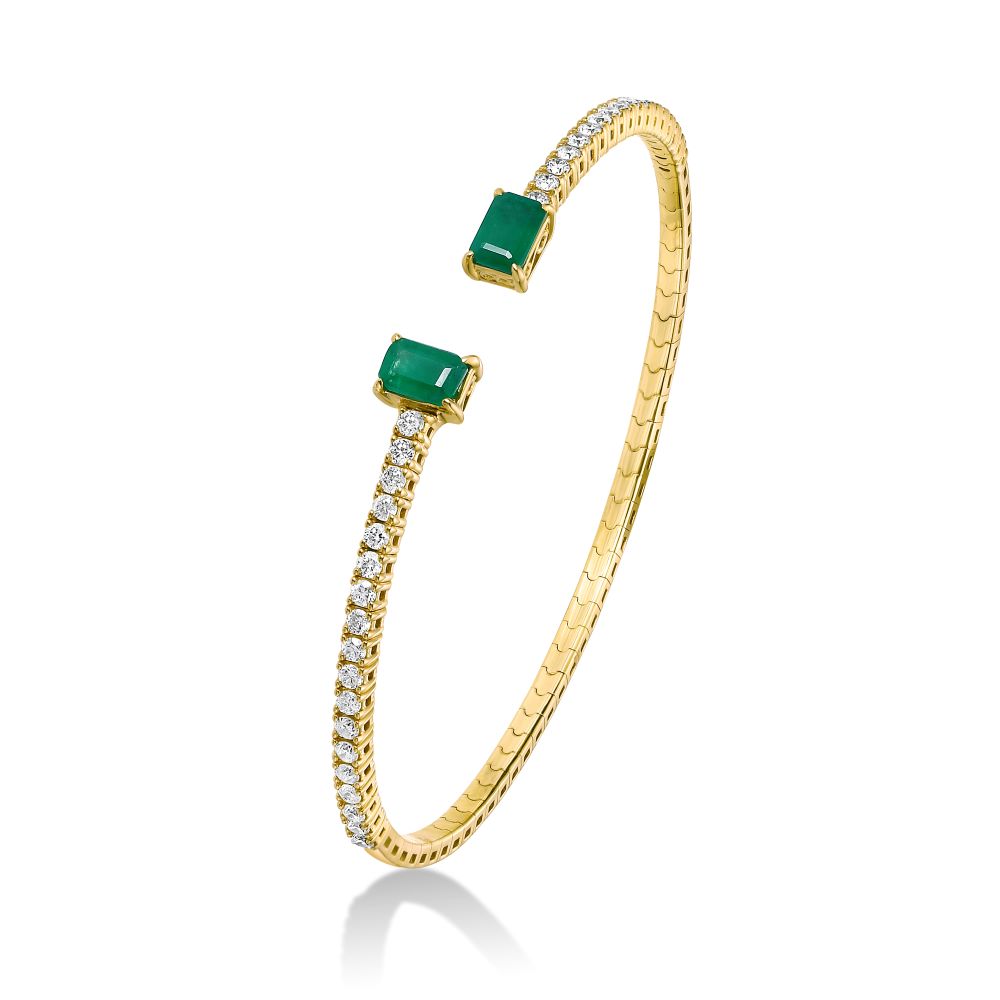 Flexible Open Diamond & Emerald Cut Emerald Bangle Bracelet  (2.30 ct.) in 14K Gold