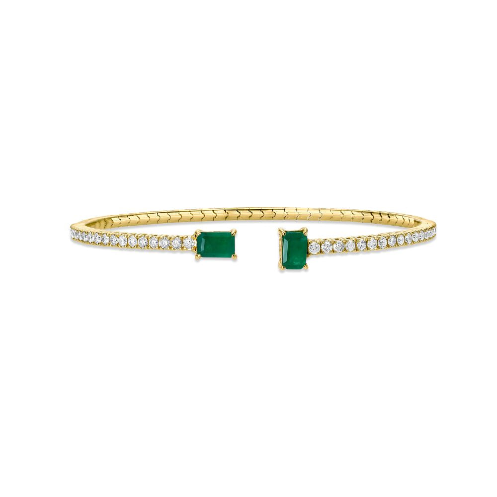 Flexible Open Diamond & Emerald Cut Emerald Bangle Bracelet  (2.30 ct.) in 14K Gold