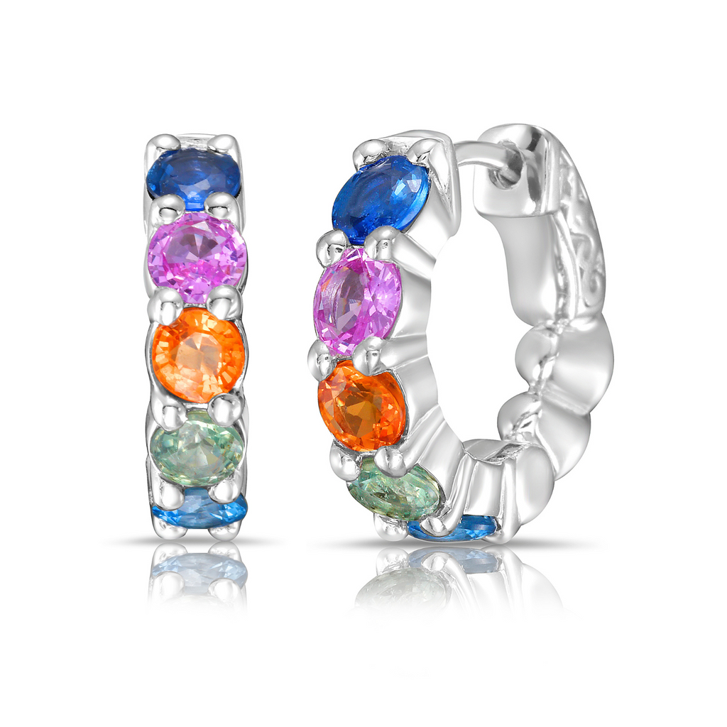 Genuine Multi Sapphire Huggies Hoops Earrings (3.00 ct.) in 14K Gold
