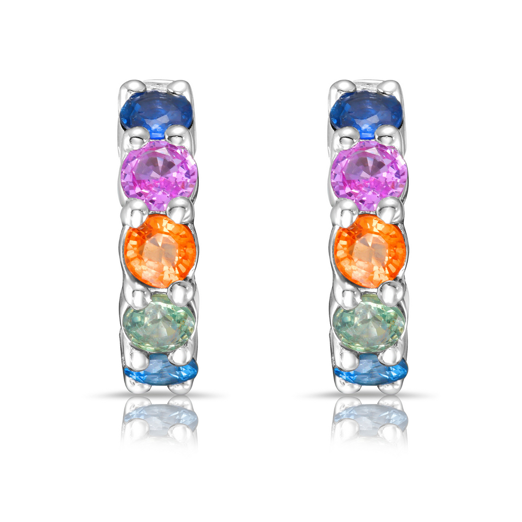 Genuine Multi Sapphire Huggies Hoops Earrings (3.00 ct.) in 14K Gold