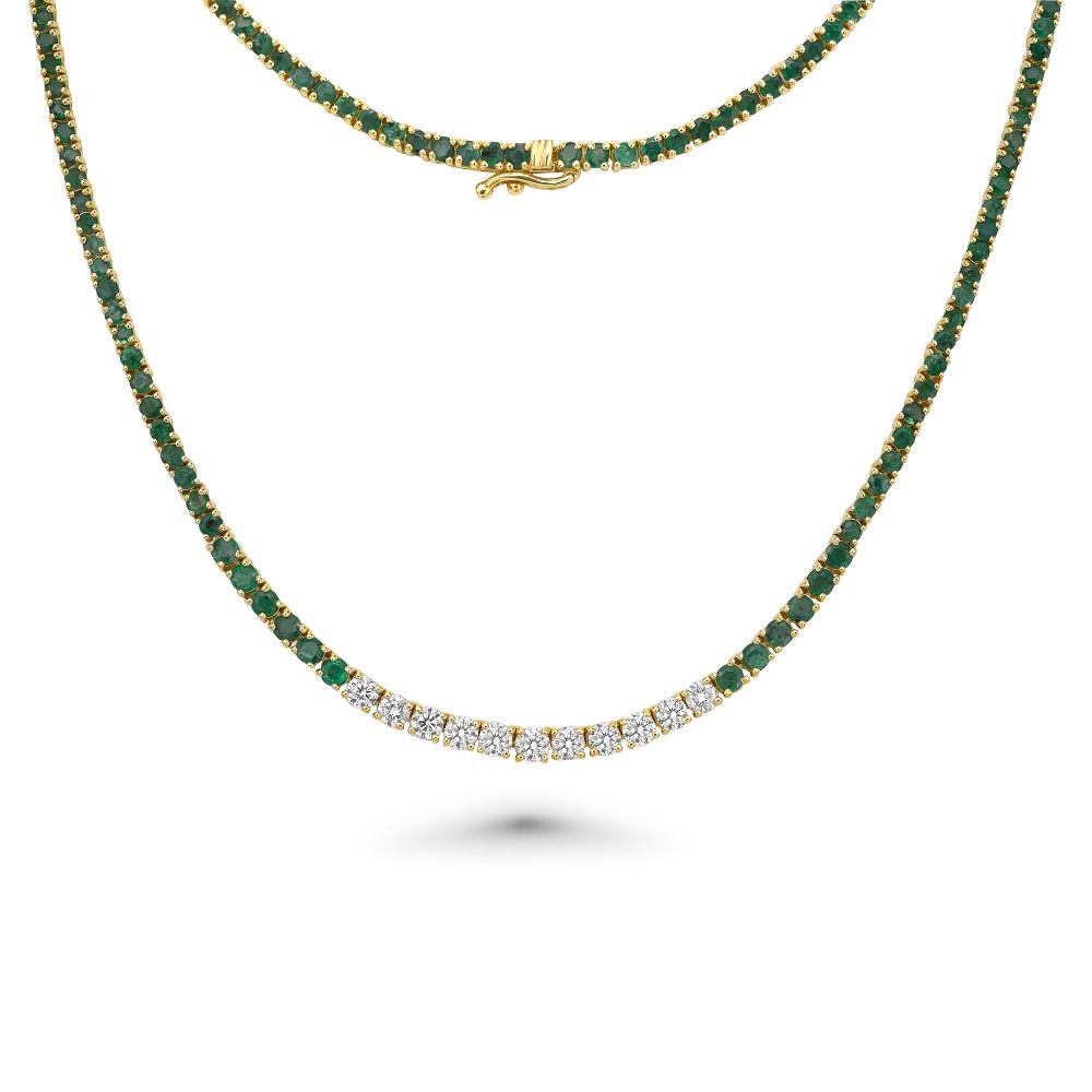 Graduated Emerald & Diamond Tennis Necklace (7.65 ct.) 4-Prongs Setting in 14K Gold