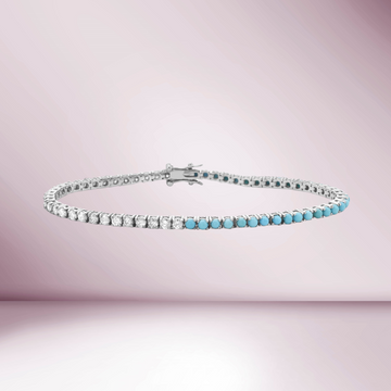 Half Diamond & Half Turquoise Tennis Bracelet (3.80ct.) 4-Prongs Setting in 14K Gold