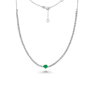 HalfWay Diamond Tennis Necklace With Heart Shape Emerald & Half Chain (3.36 ct.) 4-Prongs Setting in 14K Gold
