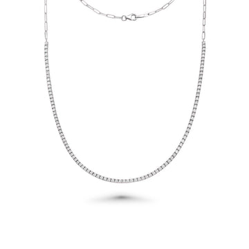 HalfWay Diamond Tennis Necklace & Half Paperclip Chain ( 2.50 ct.) 4-Prongs Setting in 14K Gold