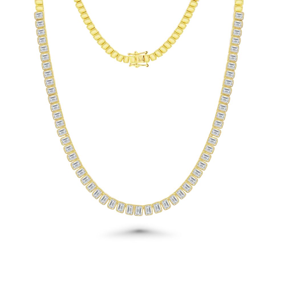 HalfWay Emerald Cut Diamond Tennis Necklace (7.50 ct) Bezel Set in 18K Gold