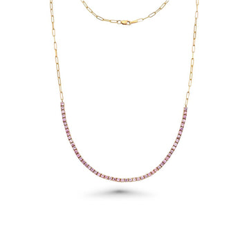 HalfWay Pink Sapphire Tennis Necklace With Paperclip Chain (4.70 ct.) 4-Prongs Setting in 14K Gold