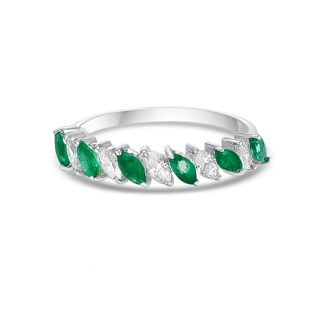 HalfWay Marquise Diamond & Emerald Band Ring (0.85 ct.) in 14K Gold