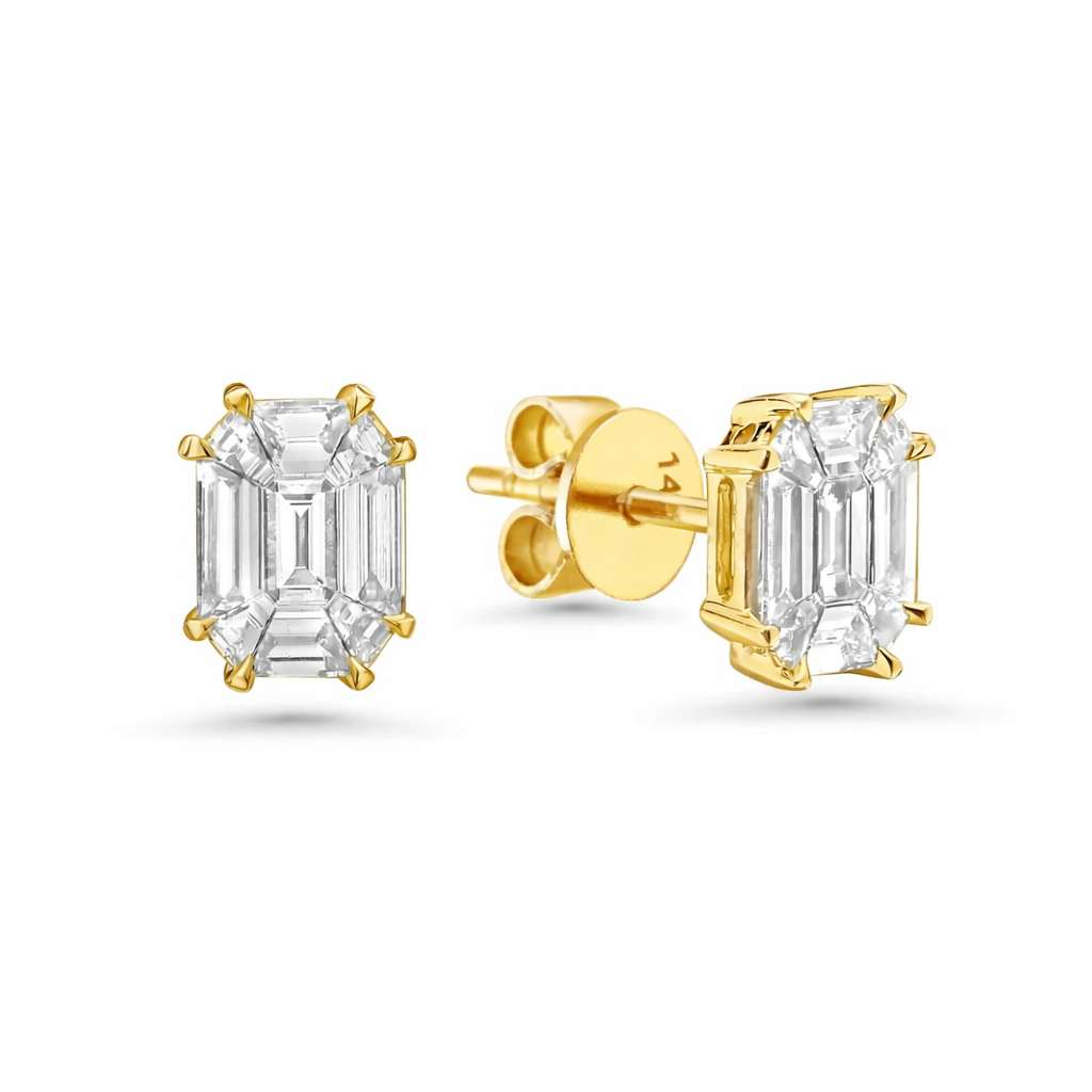 Illusion Setting Diamond Emerald Shape Studs Earrings (0.95 ct.) in 14K Gold