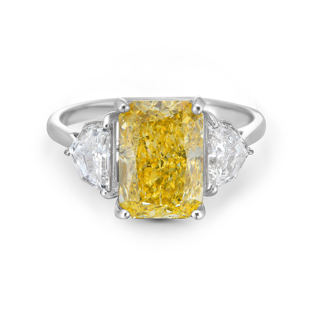 Lab Grown Diamond (3.00 ct.) Fancy Yellow Cushion Cut 3-Stones Setting Engagement Ring in 14K Gold