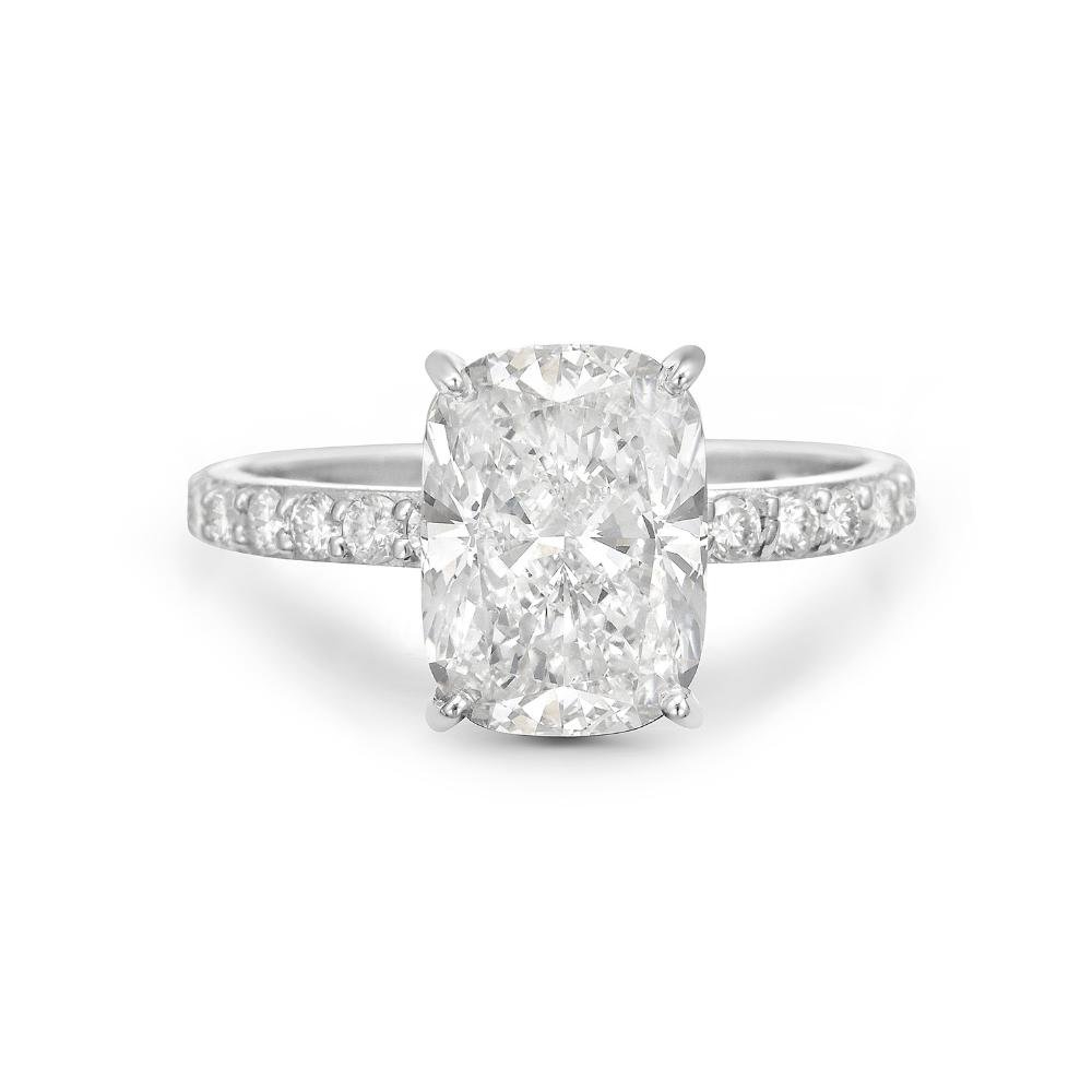Lab Grown Diamond (3.50 ct.) Cushion Cut Hidden Halo Pave' Band Engagement Ring in 14K Gold