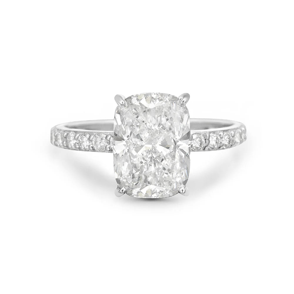 Lab Grown Diamond (3.50 ct.) Cushion Cut Hidden Halo Pave' Band Engagement Ring in 14K Gold