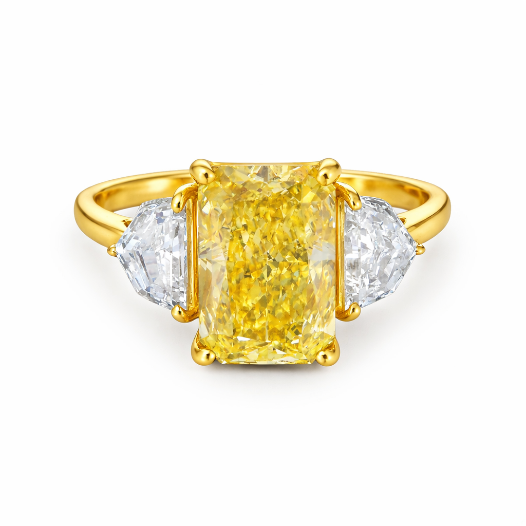 Lab Grown Diamond (3.00 ct.) Fancy Yellow Cushion Cut 3-Stones Setting Engagement Ring in 14K Gold