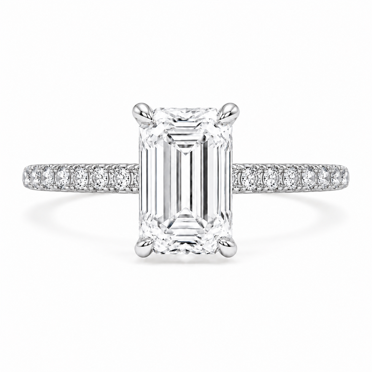 Lab Grown Diamond (3.50 ct.) Emerald Cut Hidden Halo Pave' Band Engagement Ring in 14K Gold