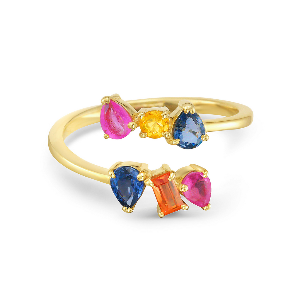 Mixed Shape Multi Color Sapphire Open Wrap Ring (1.20 ct.) 4-Prongs Setting in 14K Gold 