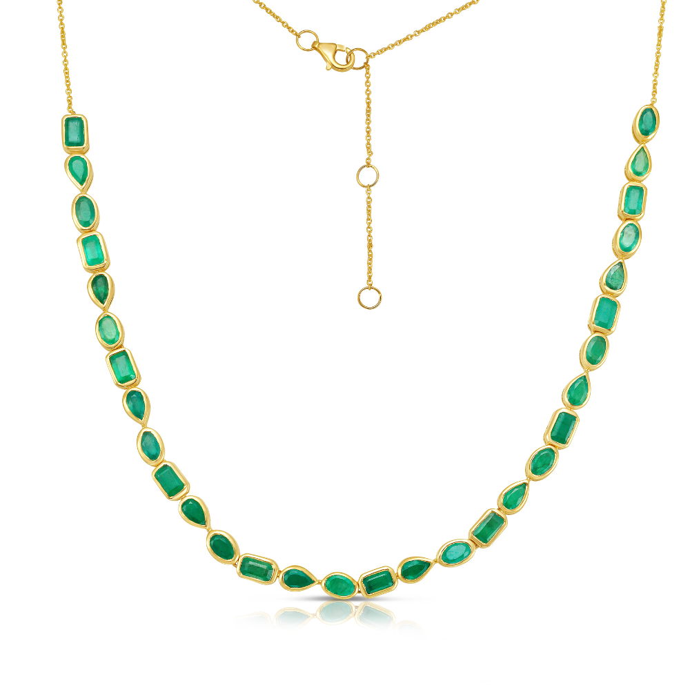  Multi Shape Emerald (7.75 ct.) Halfway Bezel Setting Necklace in 14K Gold