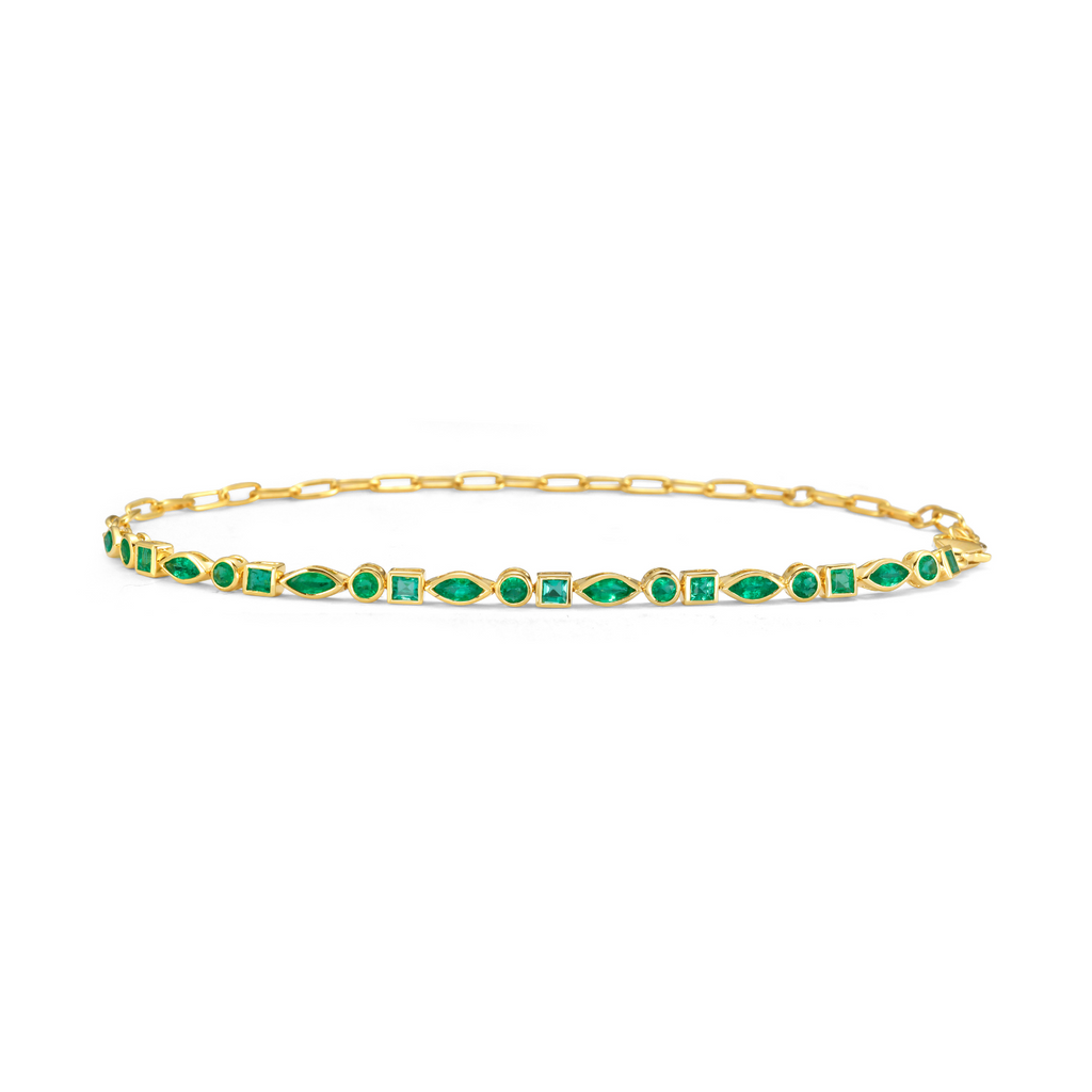 Multi Shape Emerald Bezel Setting Half Tennis Bracelet and Half paper clip Chain (1.50 ct.) in 14K Gold