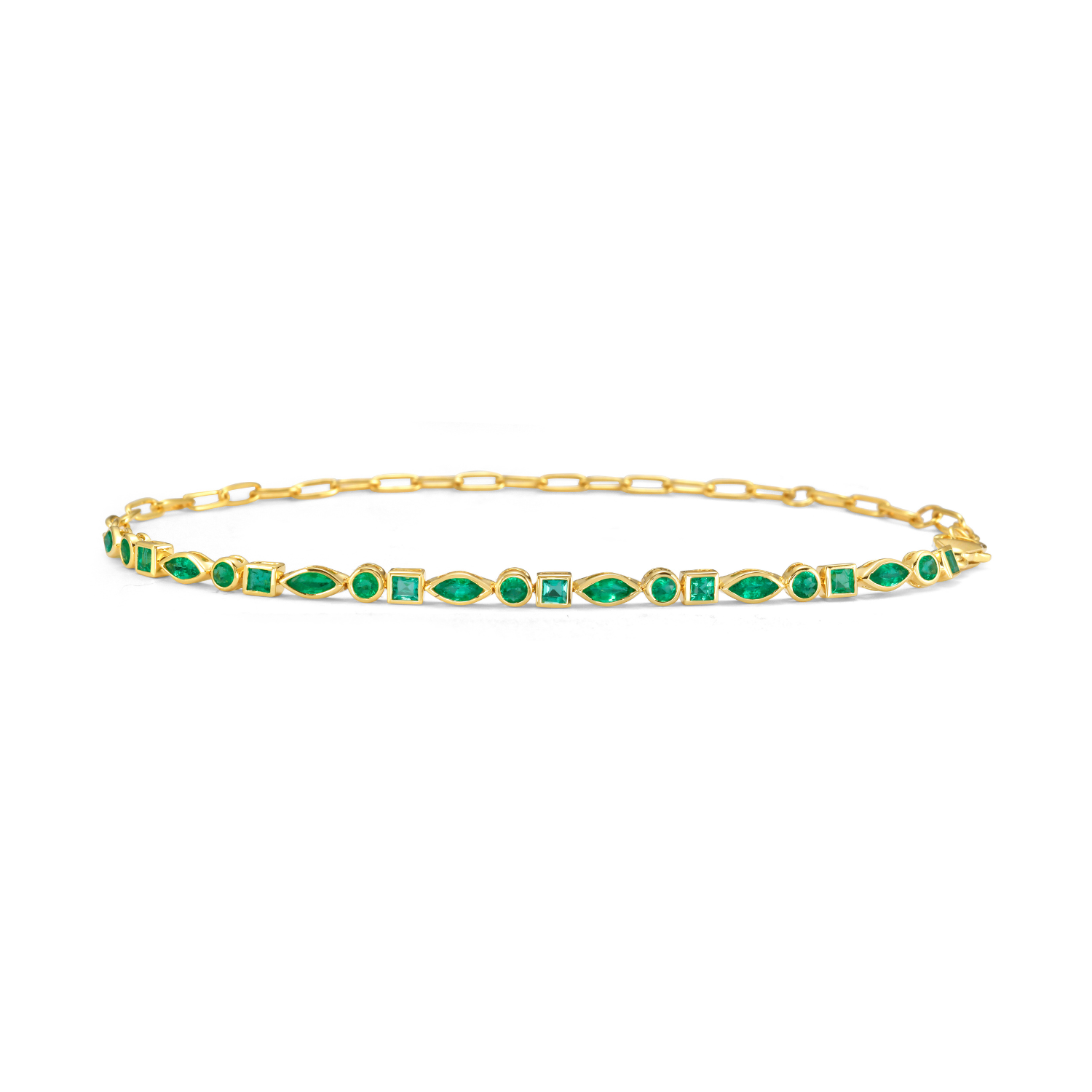 Multi Shape Emerald Bezel Setting Half Tennis Bracelet and Half paper clip Chain (1.50 ct.) in 14K Gold