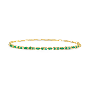 Multi Shape Emerald Bezel Setting Half Tennis Bracelet and Half paper clip Chain (1.50 ct.) in 14K Gold