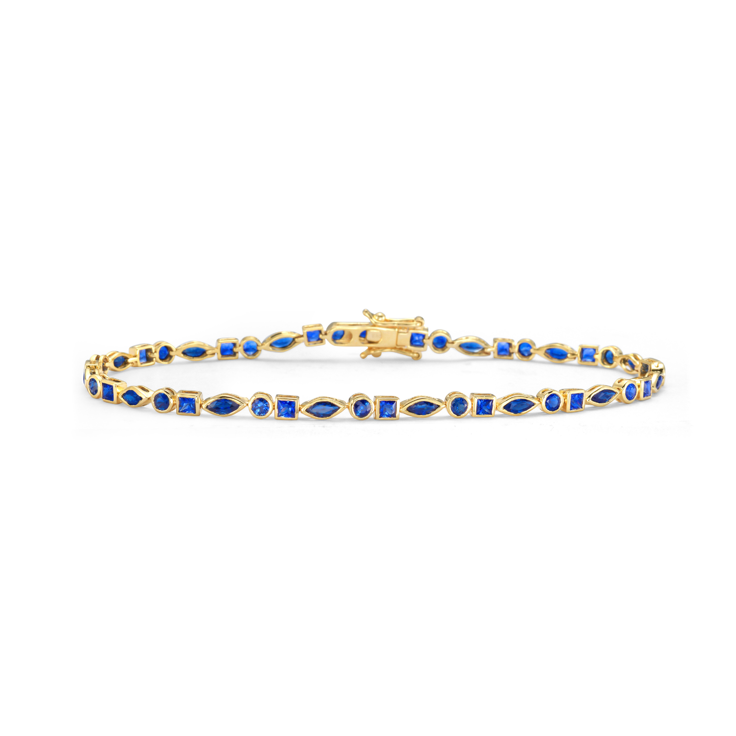 Gold bracelet with blue stones on a white background - Multi Shape Sapphire Bezel Setting Tennis Bracelet (3.50 ct.) in 14K Gold