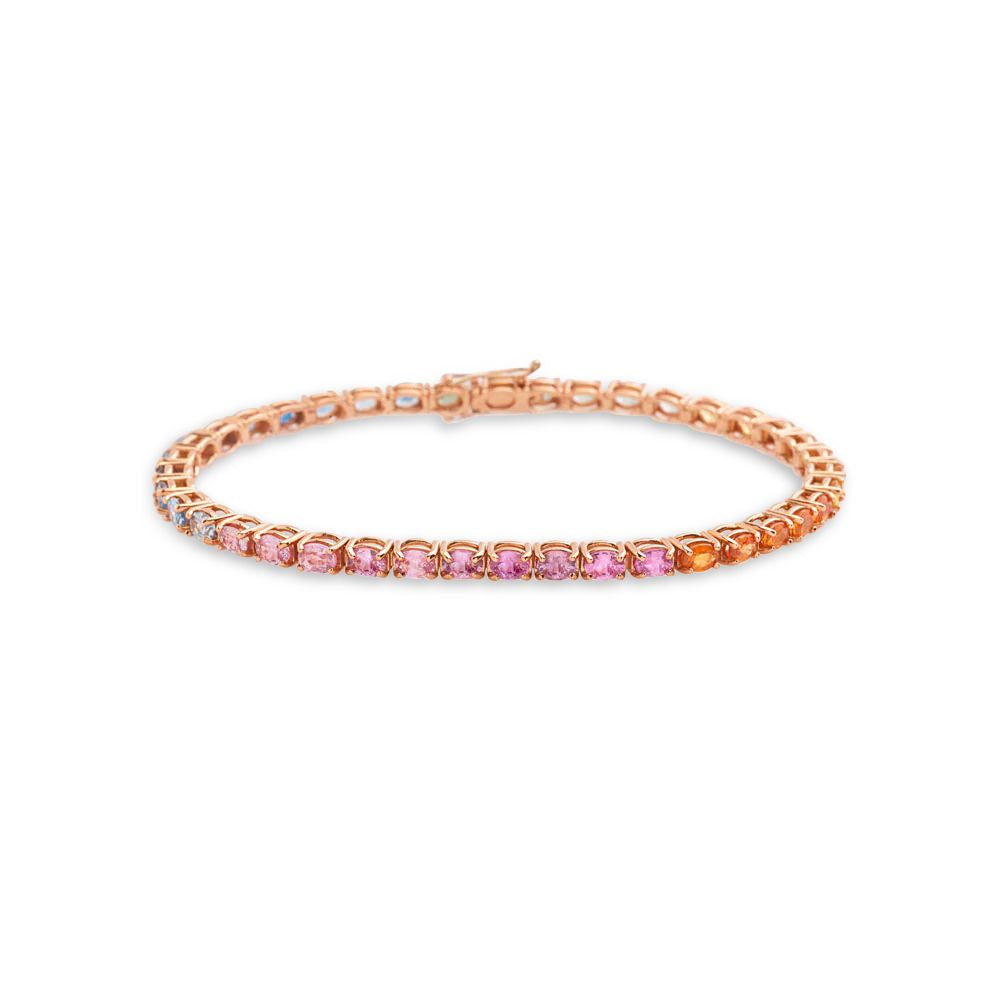 Multicolor Oval Shape Sapphire Tennis Bracelet (10.00 ct.) 4-Prongs Setting in 18K Gold, Made In Italy