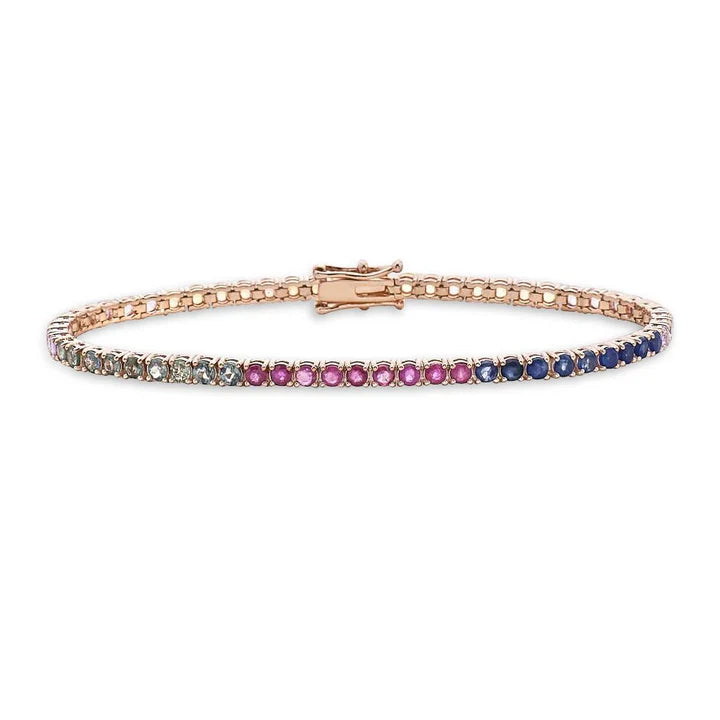 Ready to Ship Multicolor Rainbow Sapphires Tennis Bracelet ( 6.05 ct. t.w. ) in solid 14k Gold, Round Multi Sapphire 4-Prongs Tennis Bracelet