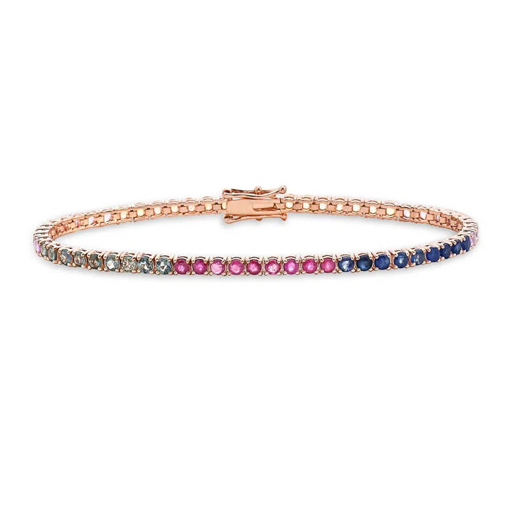 Ready to Ship Multicolor Rainbow Sapphire Tennis Bracelet (9.10 ct.) 4-Prongs Setting in 14K Gold