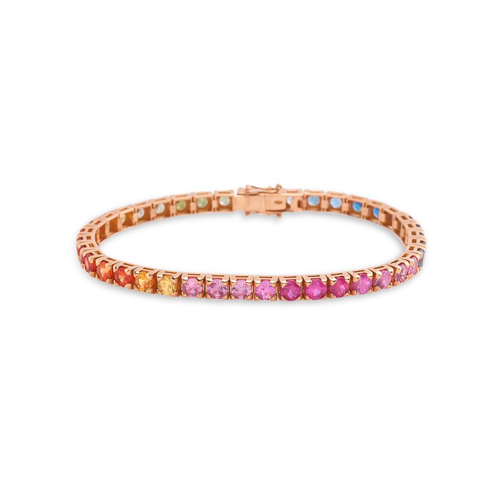 Multicolor Sapphire Tennis Bracelet (14.00 ct.) 4-Prong Setting in 18K Gold, Made In Italy