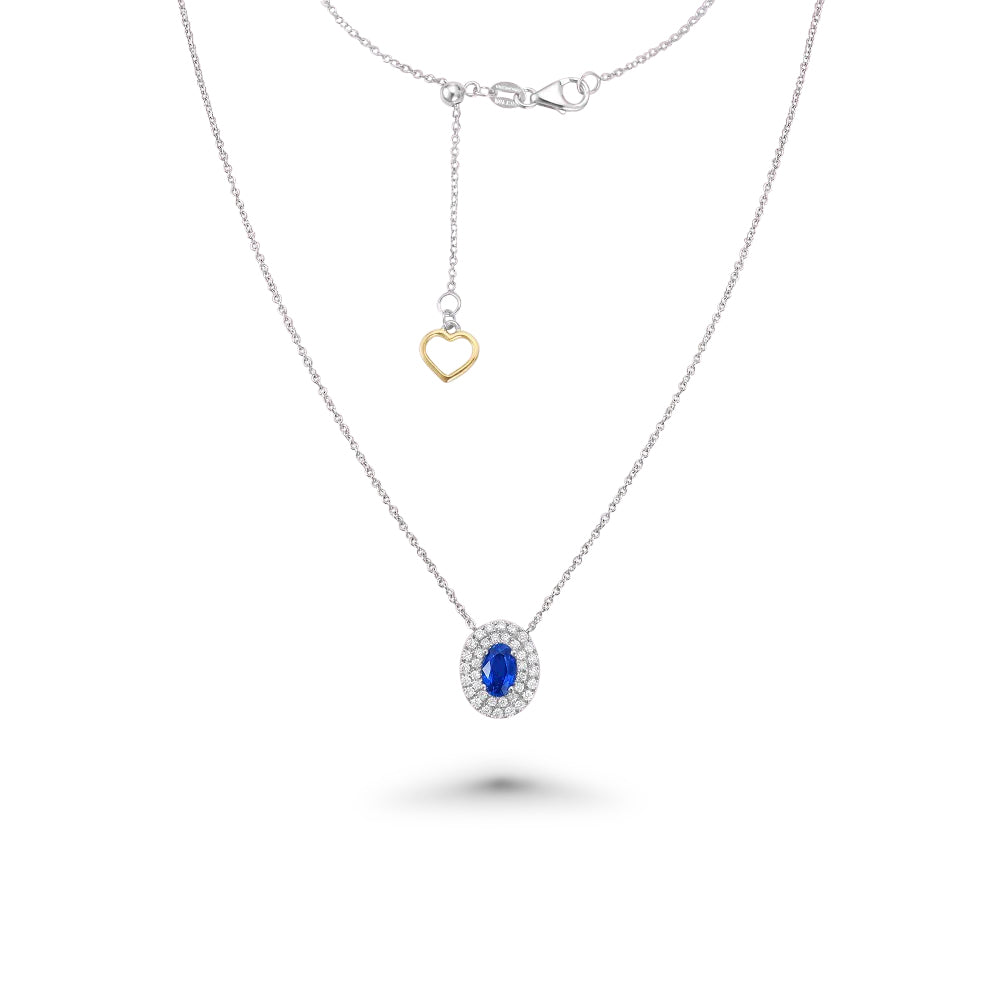 Oval Blue Sapphire With Diamond Double Halo Necklace (0.73 ct.) in 18K Gold