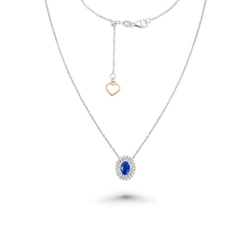 Oval Blue Sapphire With Diamond Double Halo Necklace (0.73 ct.) in 18K Gold