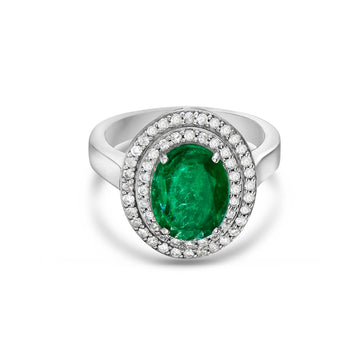 Oval Cut Emerald & Double Diamond Halo Engagement Ring (3.60 ct.) in 18K Gold