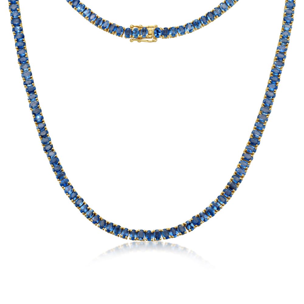Oval Shape Blue Sapphire Tennis Necklace (29.20 ct.) 4-Prongs in 18K Gold