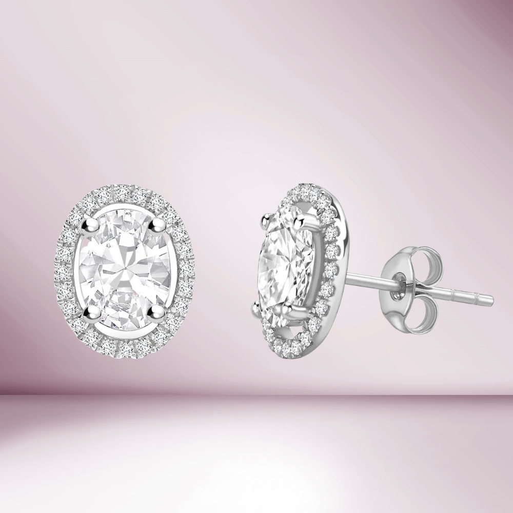 Oval Shape Diamond With Halo Studs Earrings (0.71 ct.) in 14K Gold