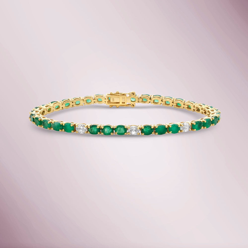 Oval Shape Emerald & Diamond Bracelet (7.40 ct.) 4-Prongs Setting in 14K Gold