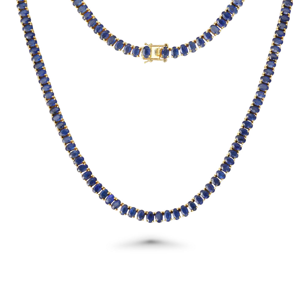 Oval Shape Sapphire Tennis Necklace (41.24 ct.) 4-Prongs Setting in 14K Gold