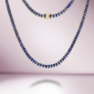 Oval Shape Sapphire Tennis Necklace ( 41.24 ct.) 4-Prongs Setting in 14K Gold