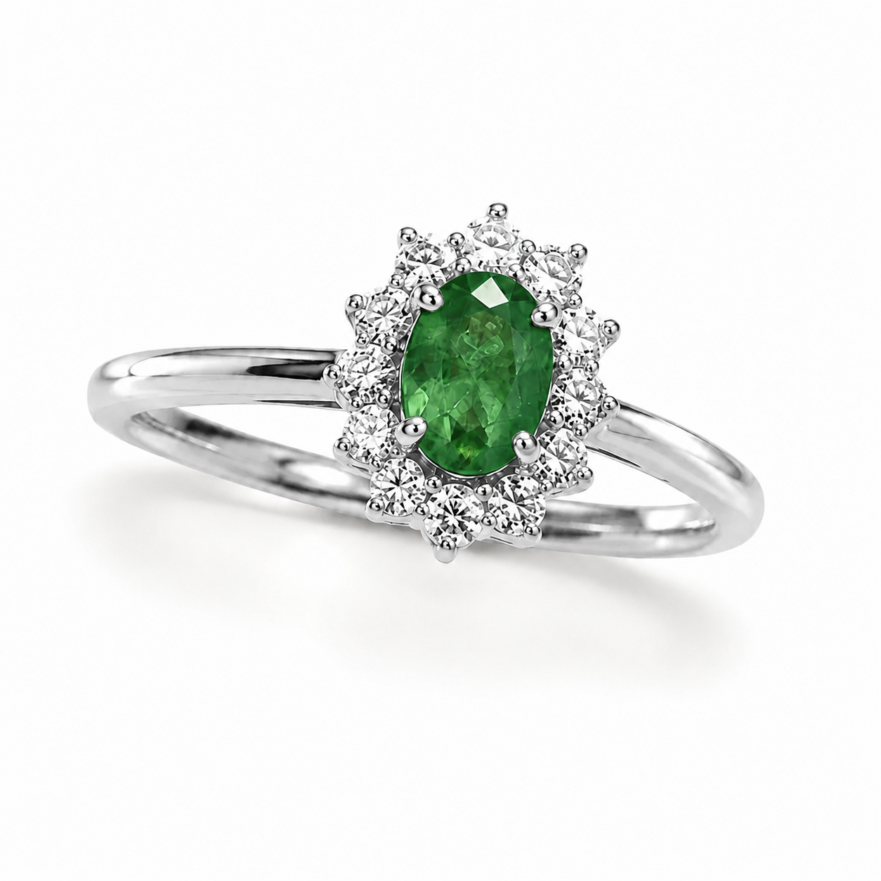 Oval Cut Emerald & Diamond Double Halo Ring (0.60 ct.) in 14K Gold
